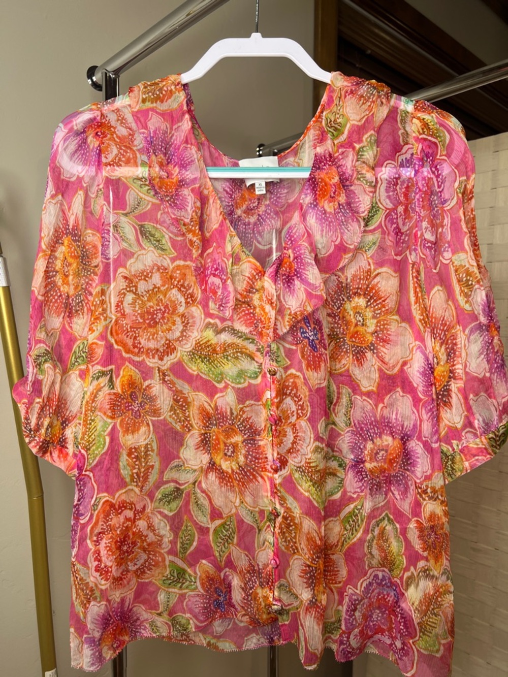 Jade 100% Silk Blouse Floral Button-Front Sheer Boho Blouse Orange/pink Size XL